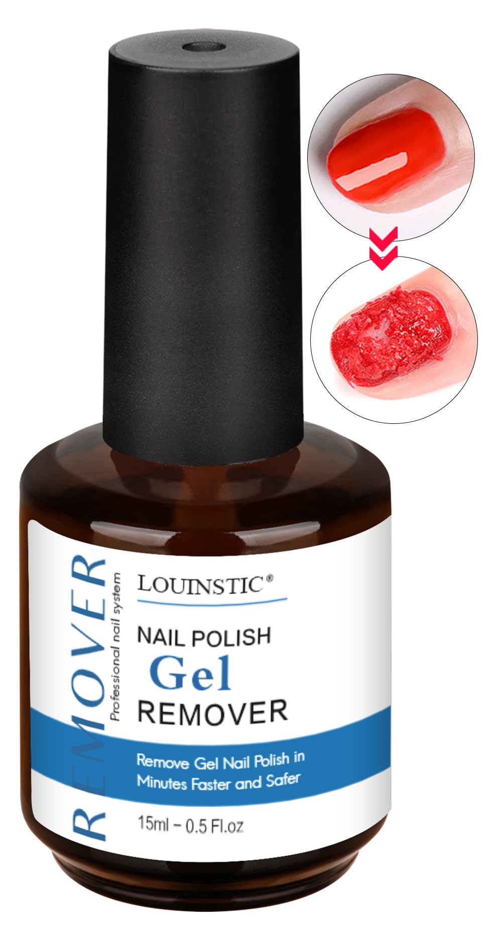 Louinstic dissolvant gel en bouteille 15 ml, prêt à l’emploi pour enlever le vernis rapidement.