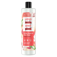Love Beauty and Planet – bouteille douche Smooth & Renew, parfum pêche et aloe, peau douce.
