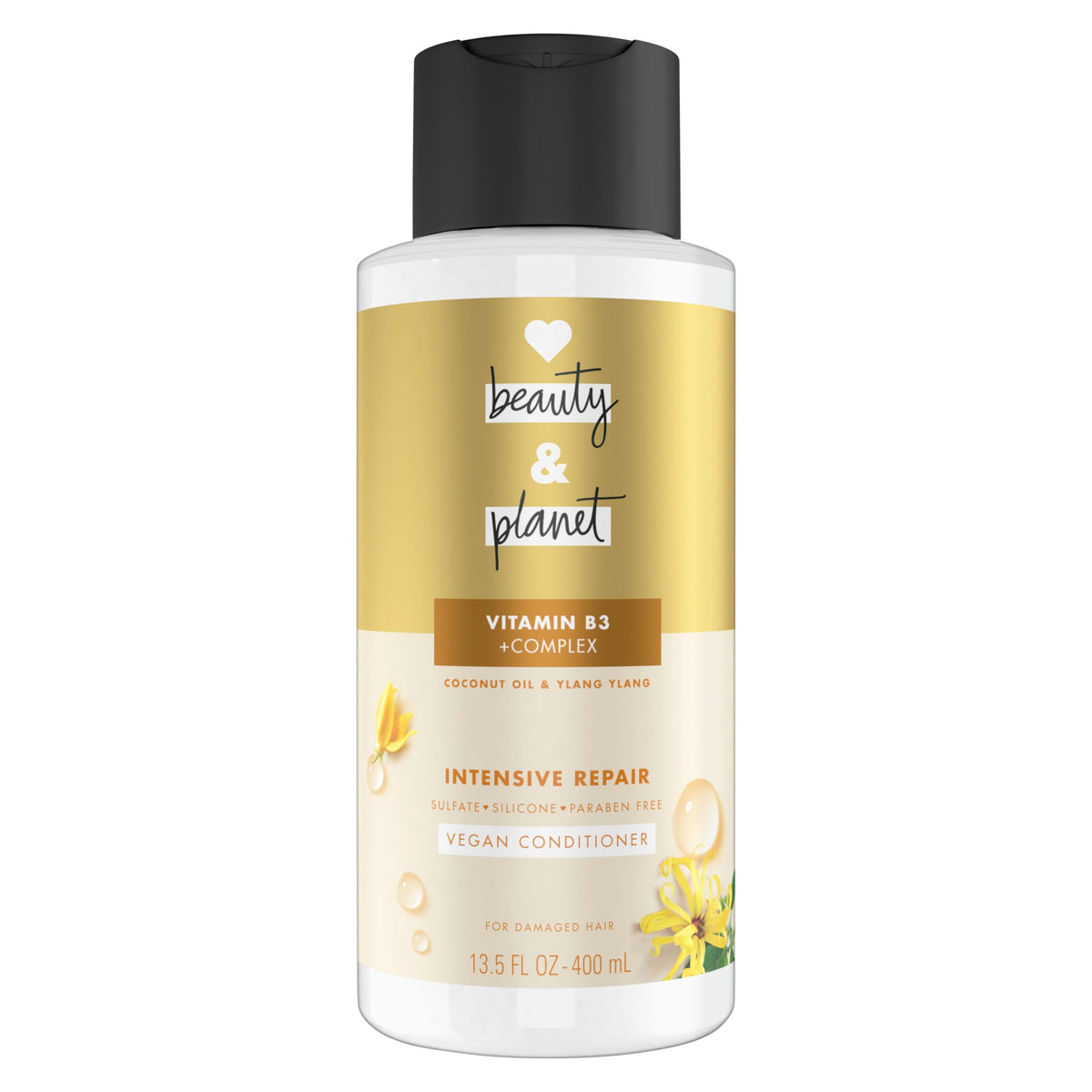 Conditionneur Love Beauty And Planet, flacon huile coco et ylang-ylang pour réparation douce des cheveux.