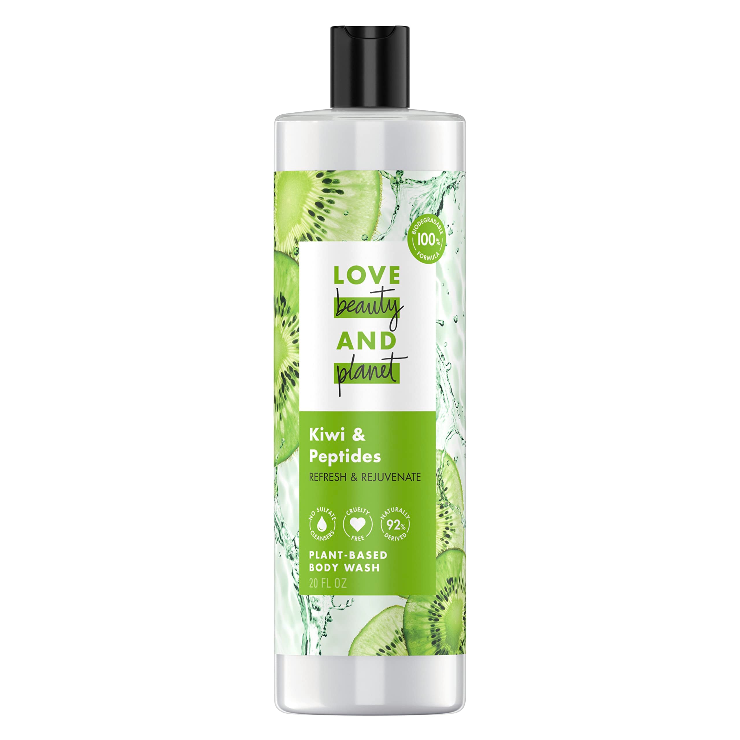 Love Beauty and Planet – bouteille kiwi-peptides, douche rafraîchissante et biodégradable.