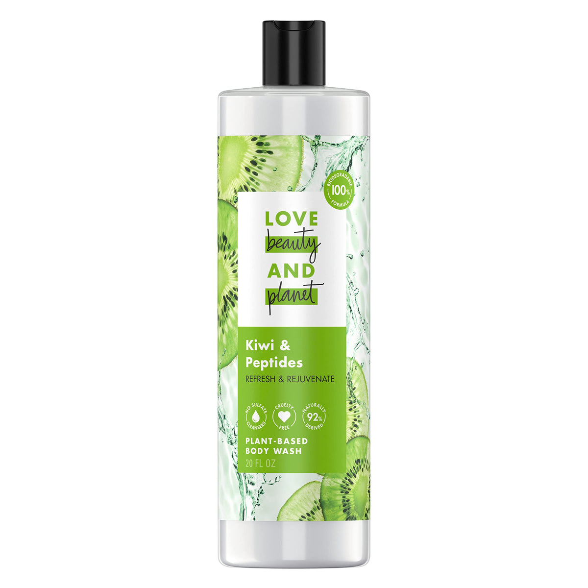 Love Beauty and Planet – bouteille kiwi-peptides, douche rafraîchissante et biodégradable.