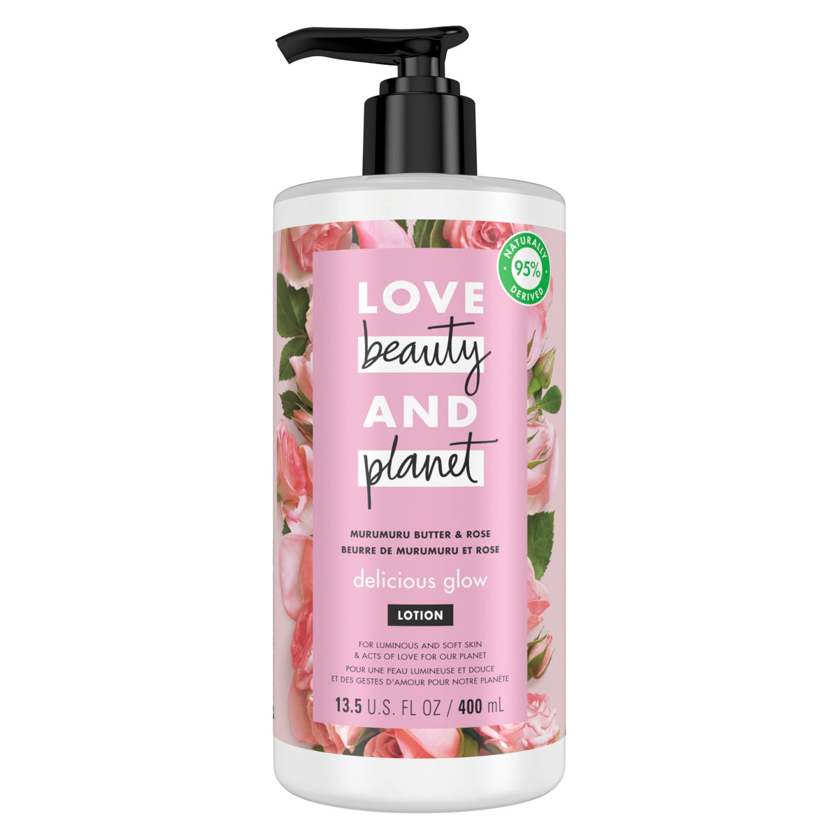 Love Beauty and Planet Delice Glow Murumuru Rose – bouteille recyclable et hydratation durable.
