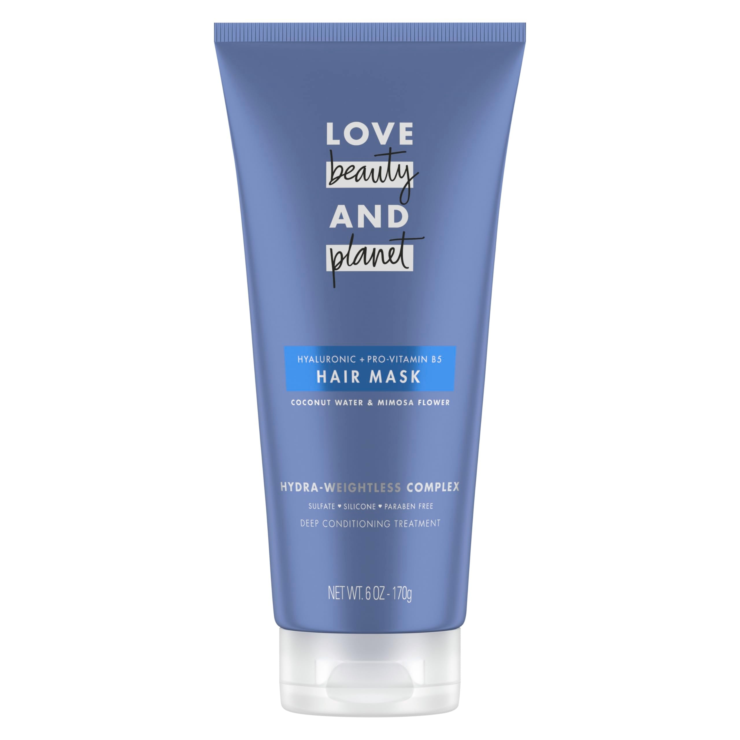 Love Beauty and Planet masque cheveux hydratant coco mimosa, pot, hydrate en profondeur et démêle.