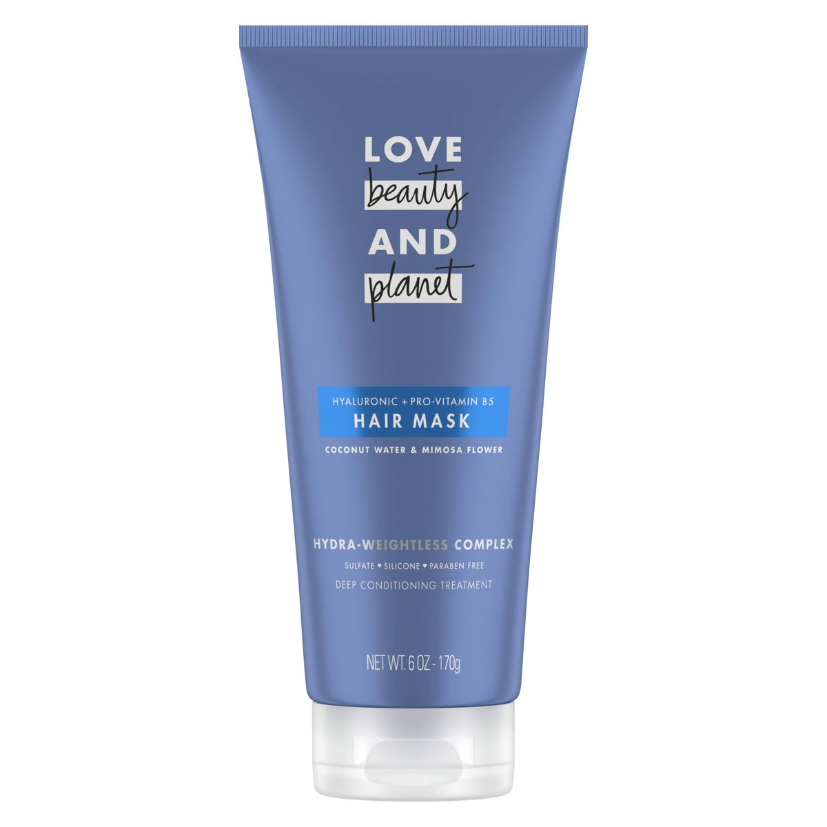 Love Beauty and Planet masque cheveux hydratant coco mimosa, pot, hydrate en profondeur et démêle.