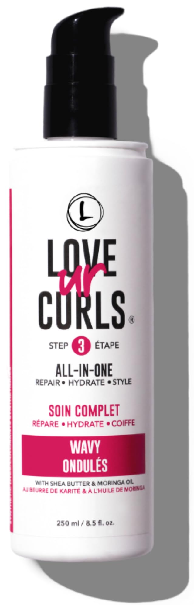 Love Ur Curls All-in-One Styler, flacon élégant, répare et hydrate les boucles.