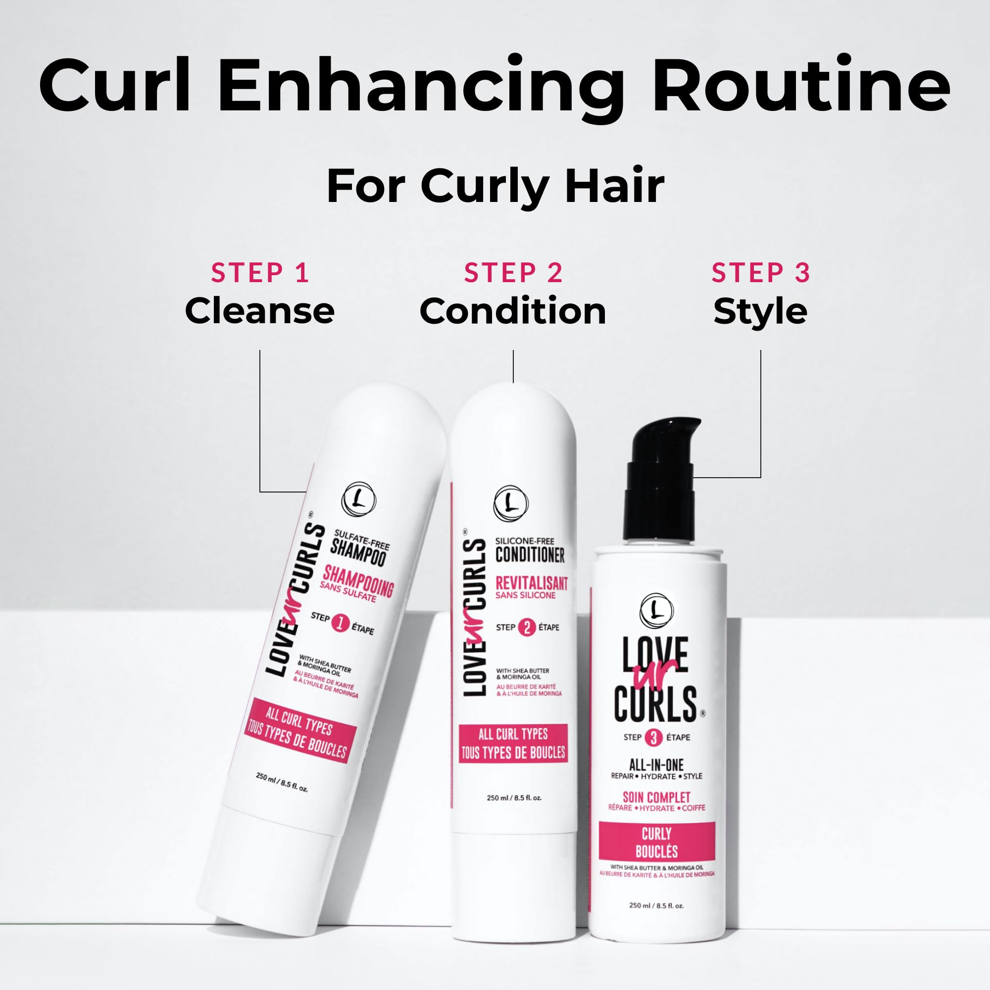 Love Ur Curls Après-Shampoing, bouteille aperçue, démêle et adoucit les boucles.