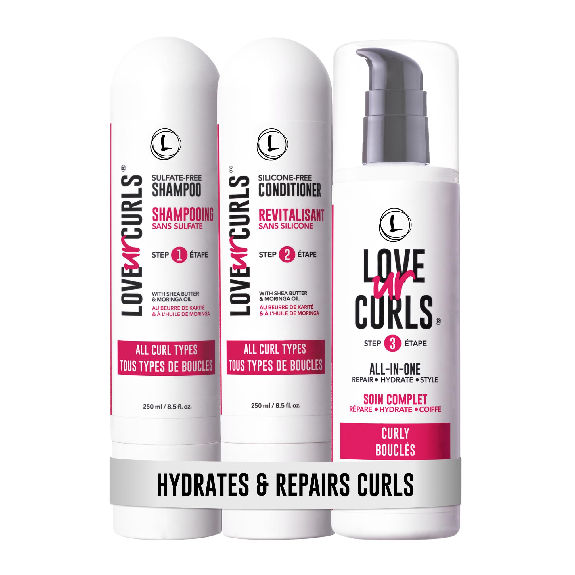 Love Ur Curls Shampoing, bouteille aperçue, nettoie en douceur et prépare les boucles.