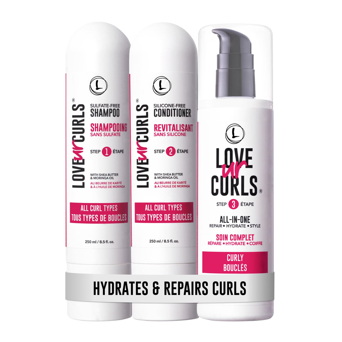 Love Ur Curls Shampoing, bouteille aperçue, nettoie en douceur et prépare les boucles.