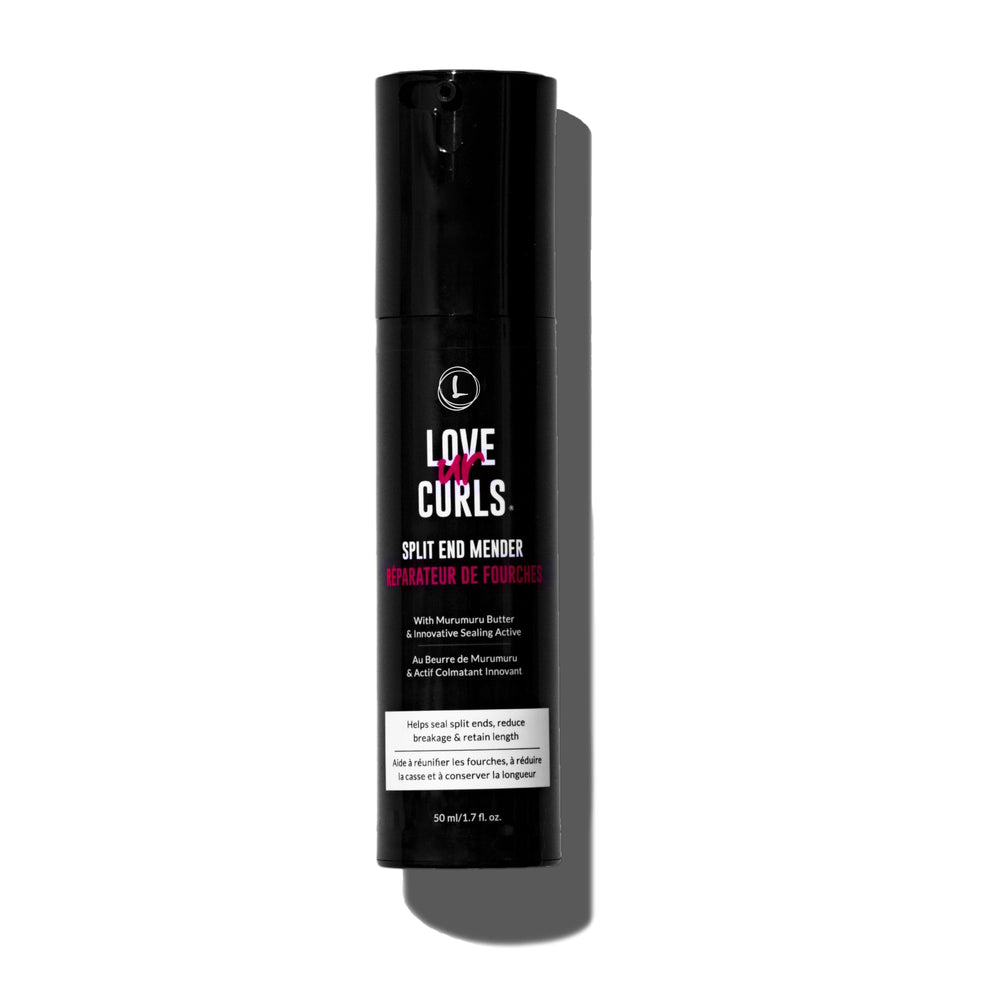 Love Ur Curls Split End Mender sur la bouteille, hydratation et protection des pointes.