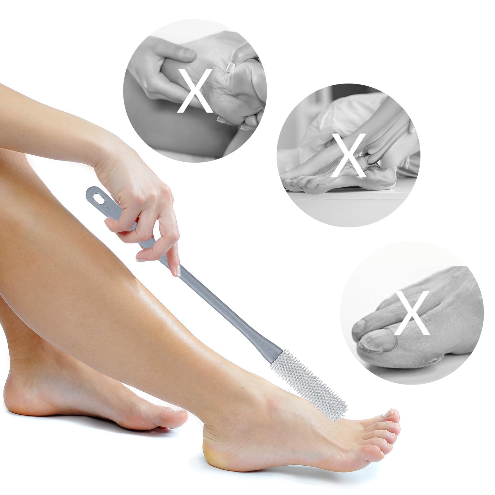 LoveBB brosse-pieds silicone gris, vue arrière, solution pratique pour le bain