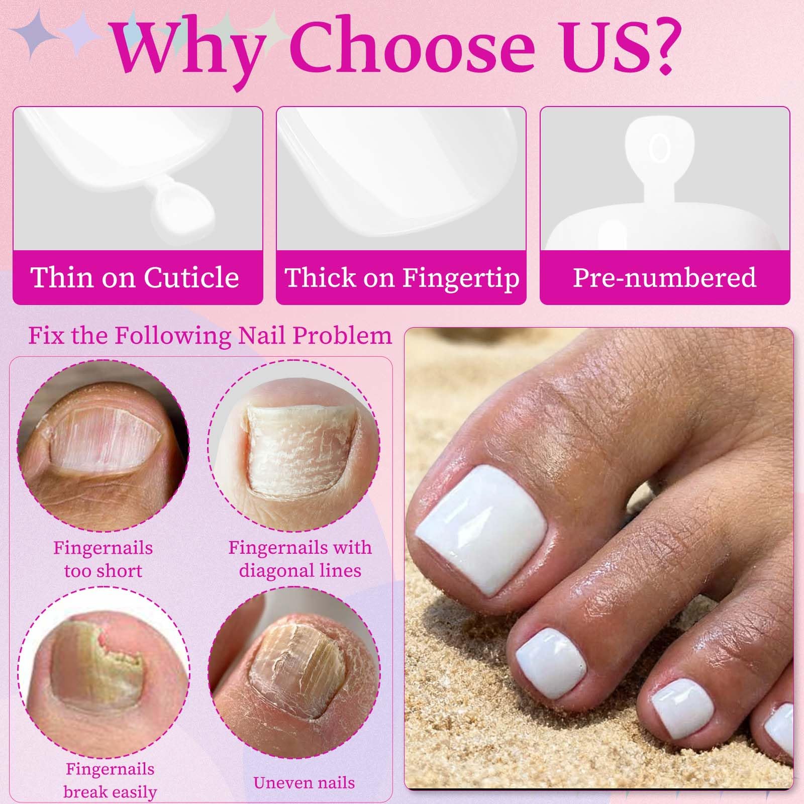 LoveOurHome boîtier d’ongles blancs à poser pour orteils, look naturel et brillant.