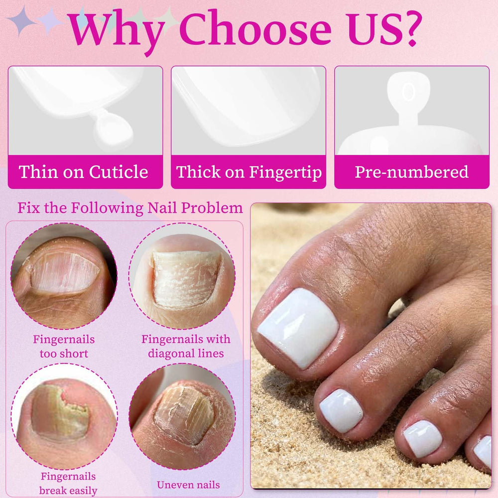 LoveOurHome boîtier d’ongles blancs à poser pour orteils, look naturel et brillant.