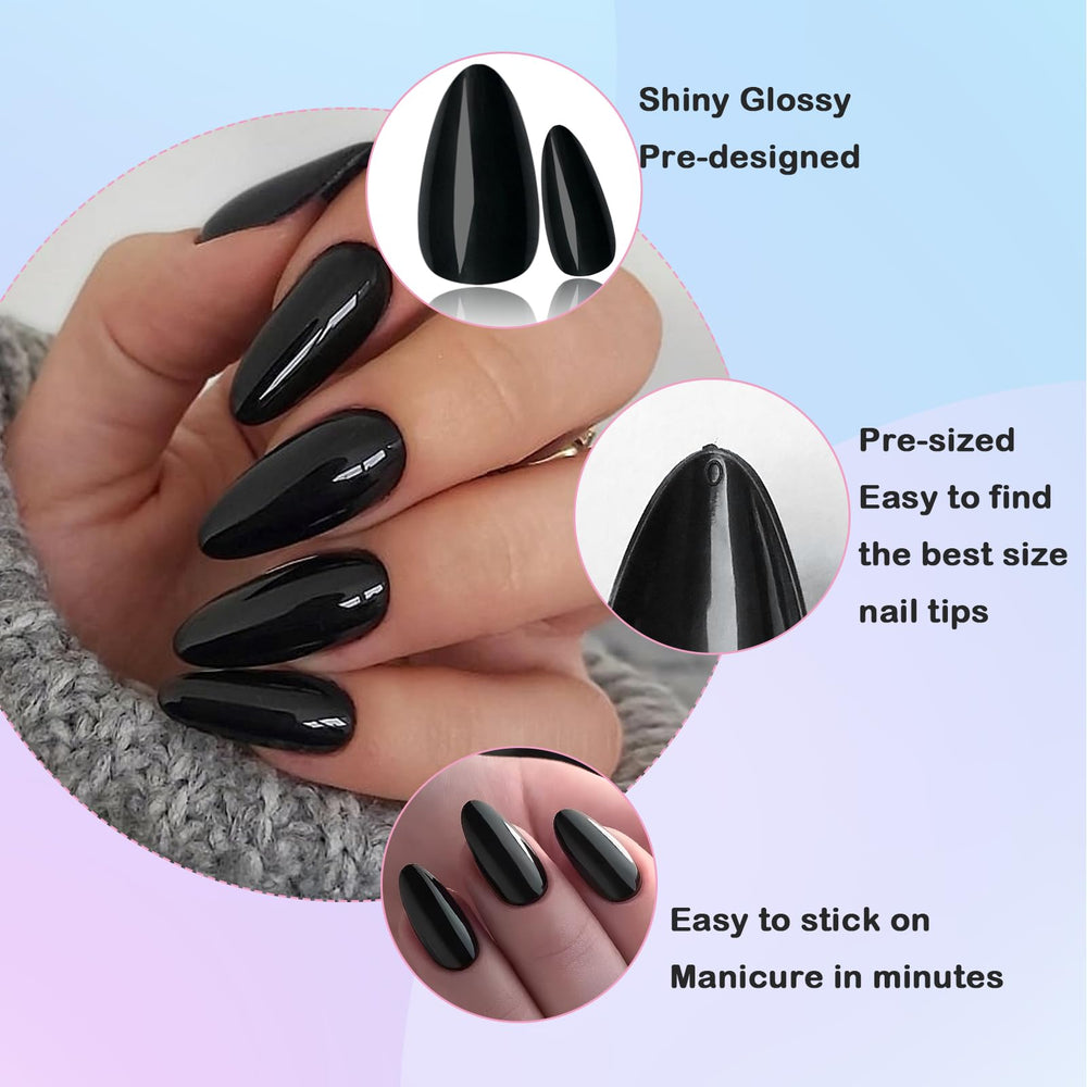 LoveOurHome boîte transparente avec les tailles d’ongles amande noirs.