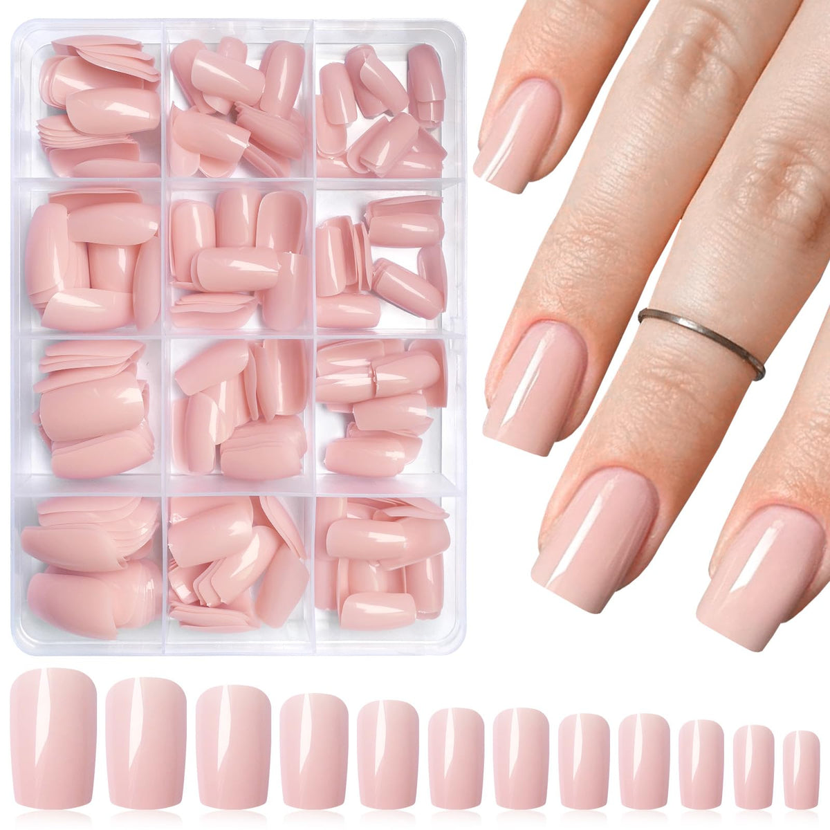 LoveOurHome onglets nude moyen carré ensemble: faux ongles prêts à porter, manucure rapide.