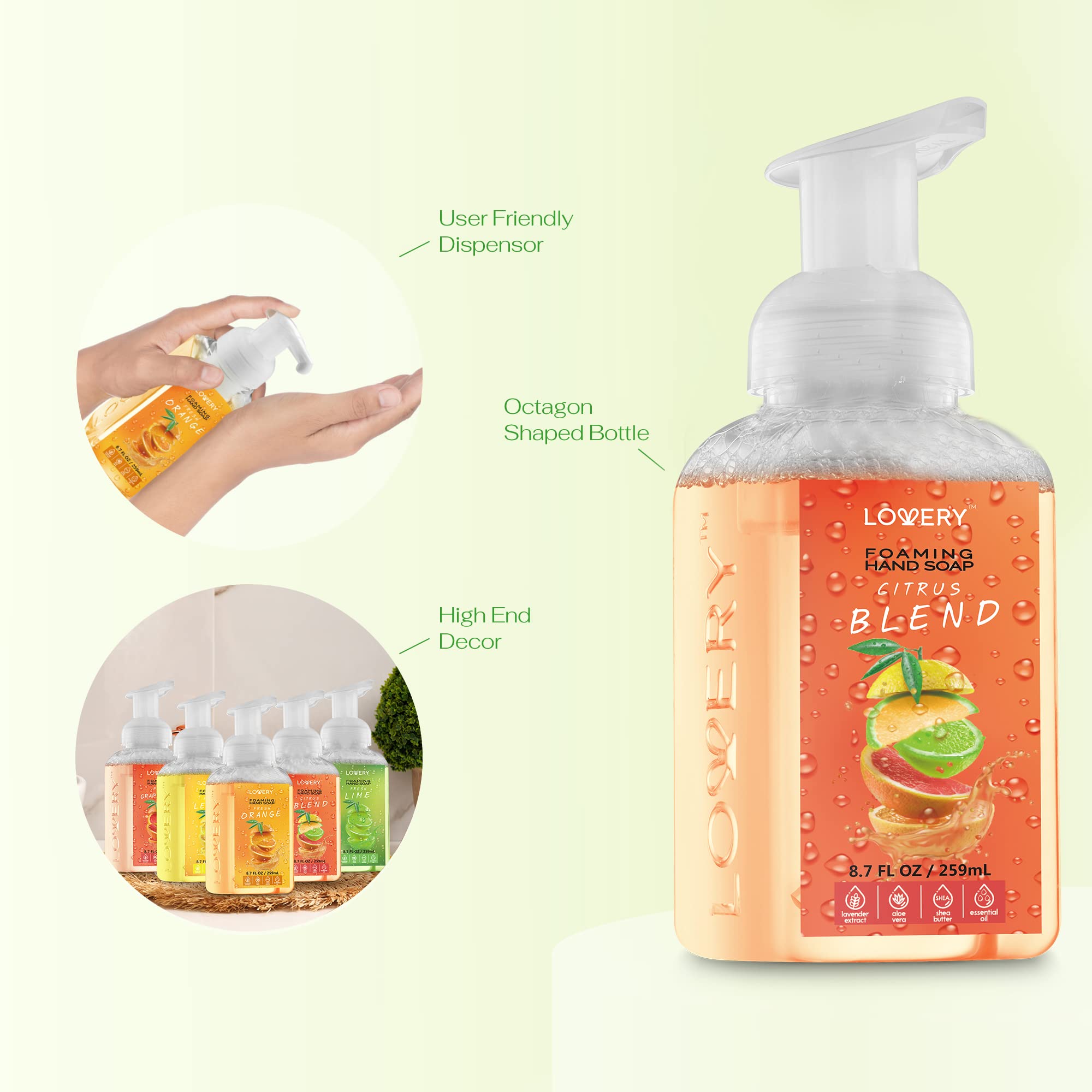 LOVERY bouteille savon moussant mains pompe agrume – parfum frais et pratique.