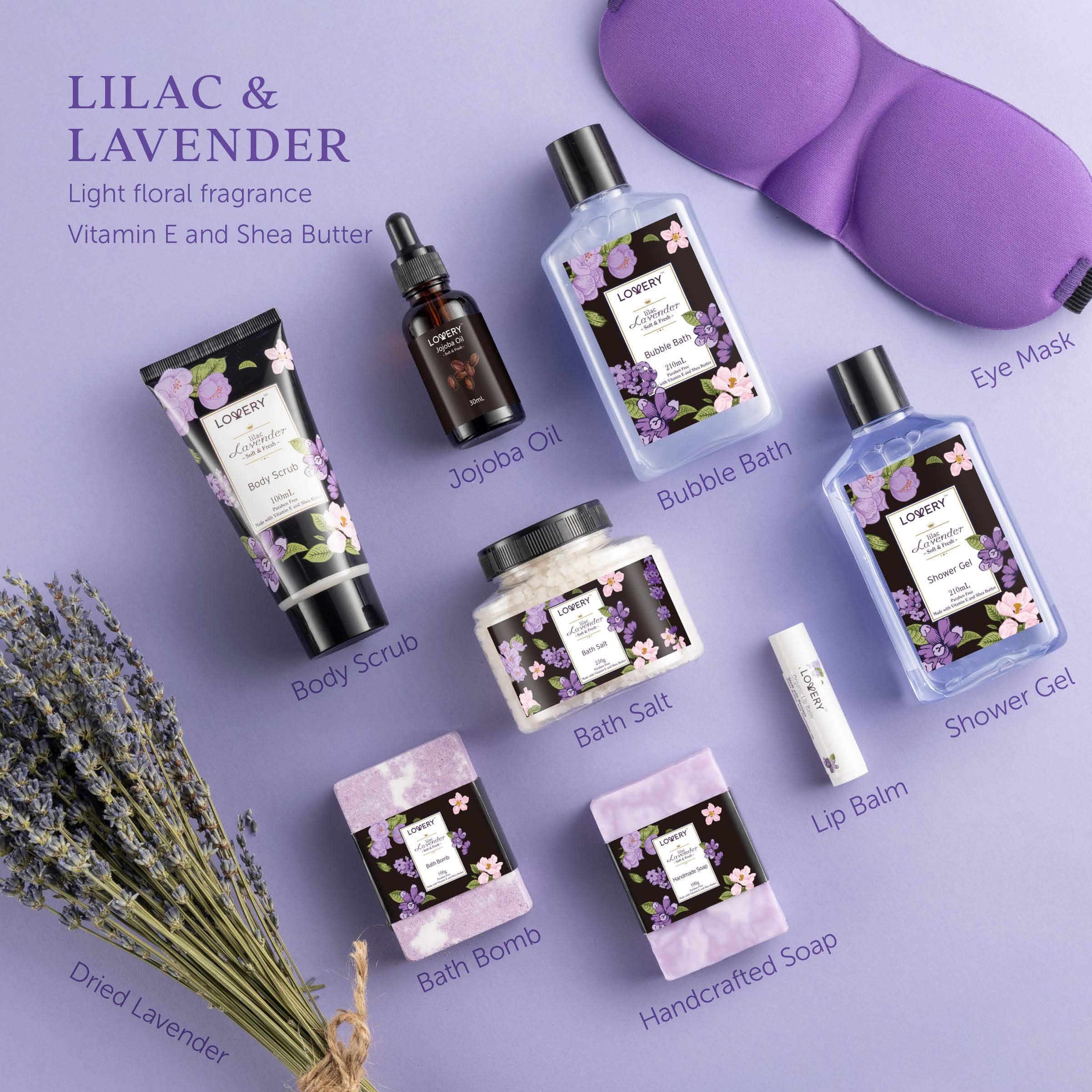 Lovery sels bain lavande-lilas favorisent relaxation corporelle et douceur après la douche.