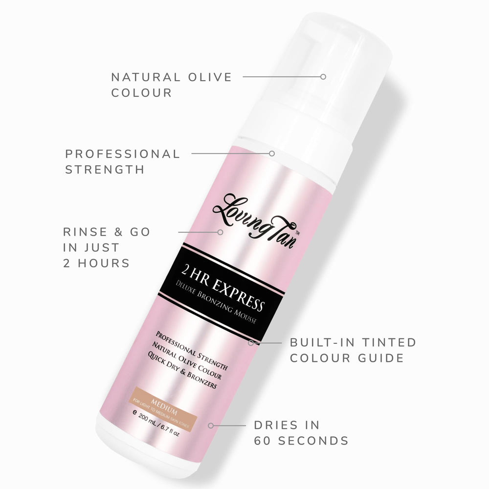 Loving Tan Mousse Express: séchage rapide en 60 secondes et finition lisse.