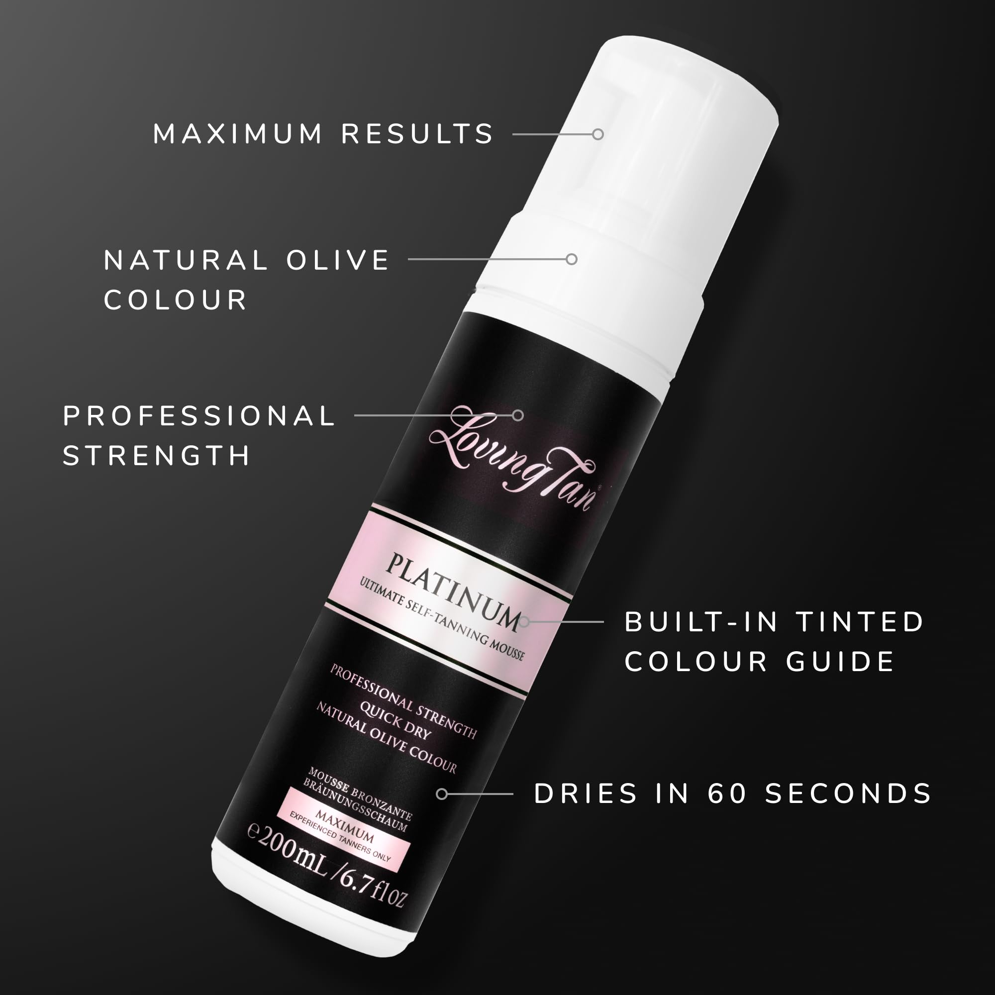 Loving Tan Platinum: séchage rapide à 60 secondes, fini léger et non collant.