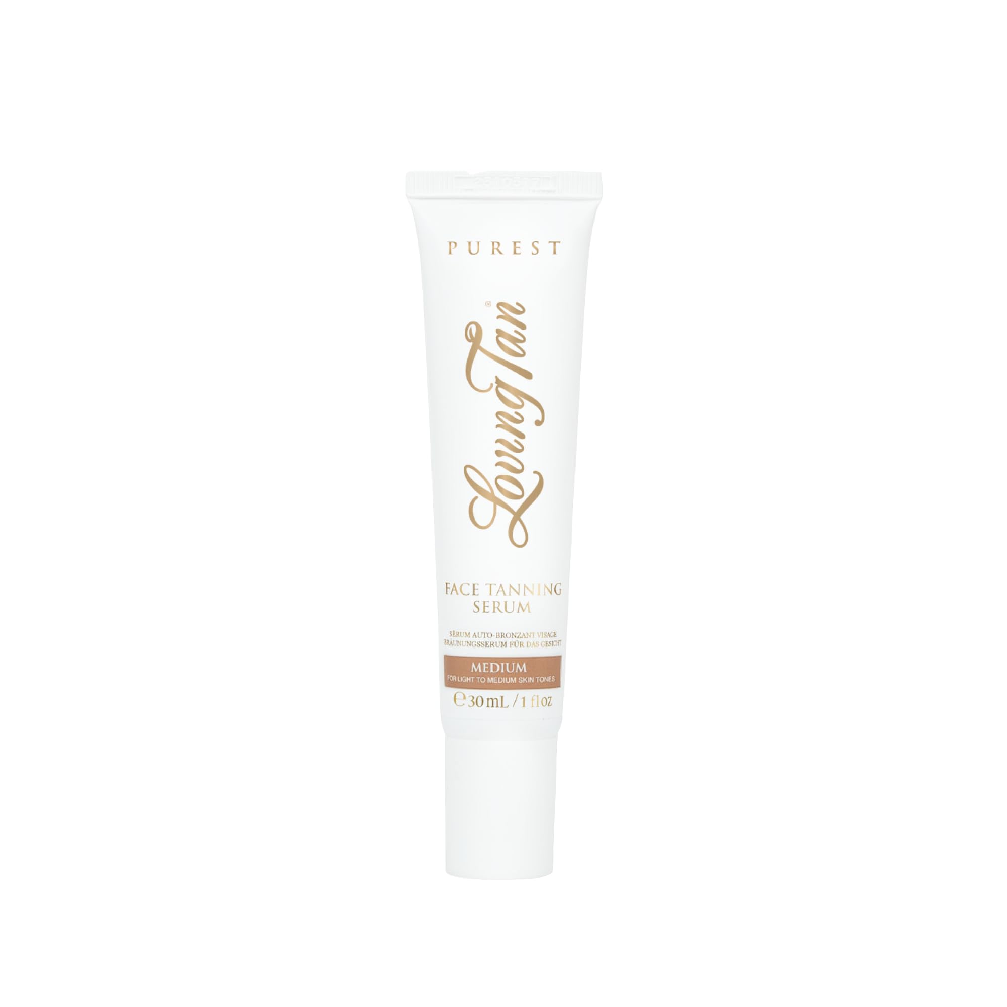 Loving Tan Purest Visage Sérum, bouteille élégante prête pour un bronzage naturel.
