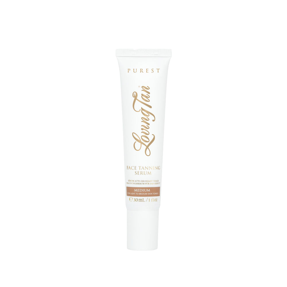 Loving Tan Purest Visage Sérum, bouteille élégante prête pour un bronzage naturel.