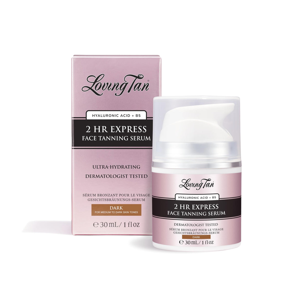 Sérum Loving Tan visage rapide 2 heures, teinte naturelle et contrôlée.