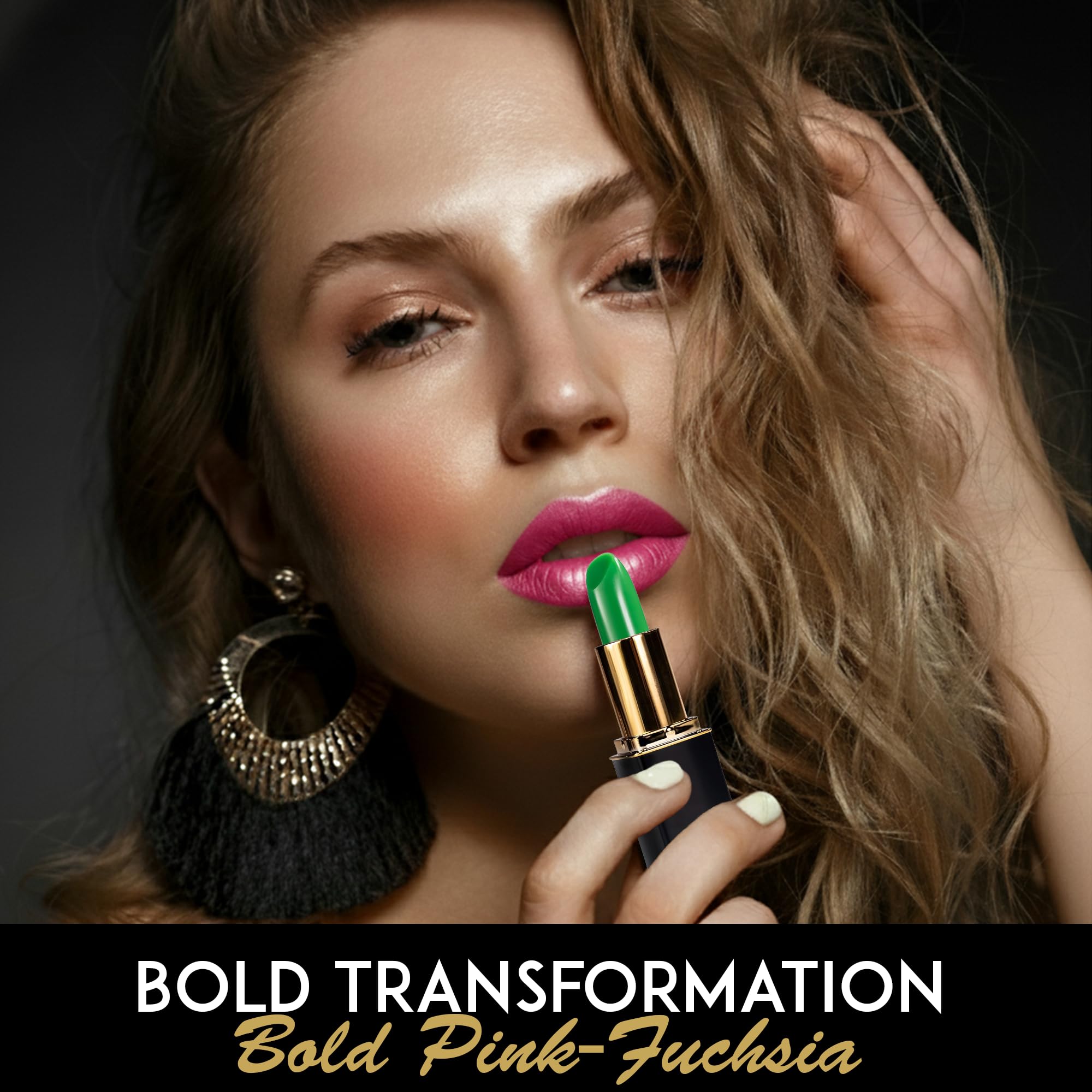 L’Paige montre la transformation vert vers rose sur les lèvres, effet personnalisé.