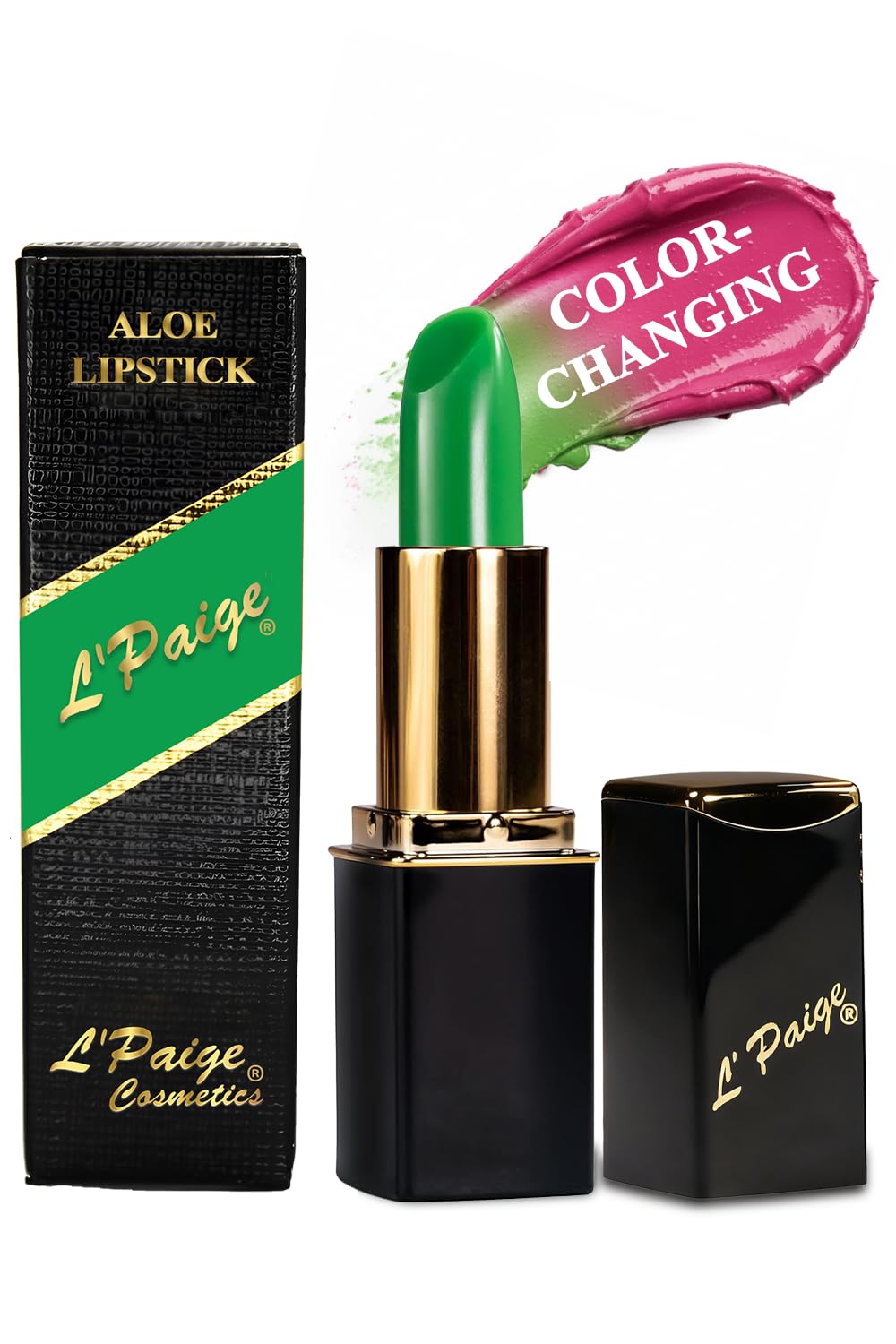 L’Paige rouge a lèvres affiche le changement de couleur vert vers rose avec fini satiné.
