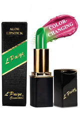 L’Paige rouge a lèvres affiche le changement de couleur vert vers rose avec fini satiné.