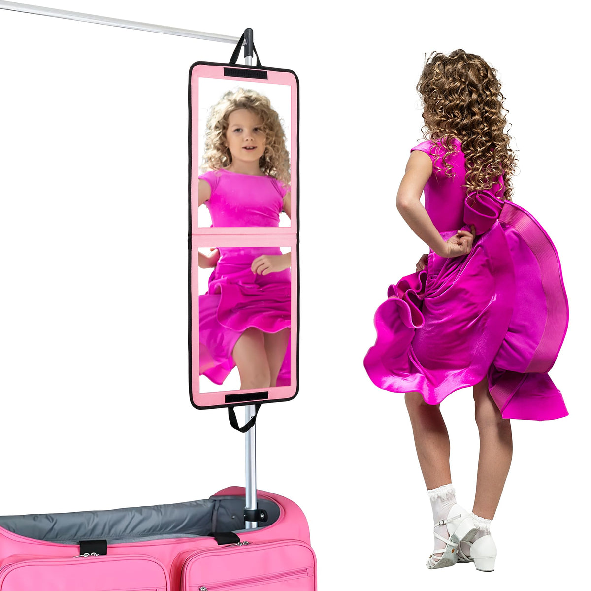 LPHUMEX miroir porte pliable rose, ouvert, vue complète du corps pour vérifier la tenue