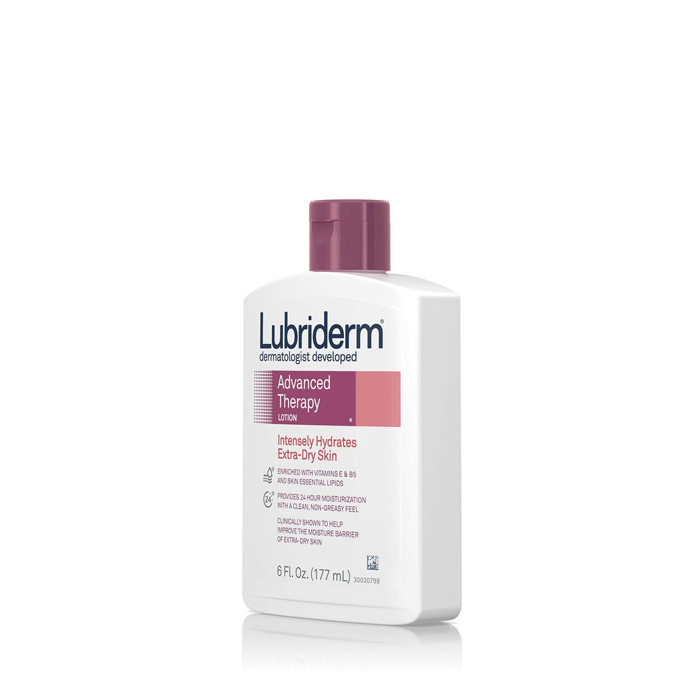 Lubriderm Advanced Therapy – gros plan de la bouteille et logo.