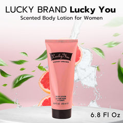 Emballage ouvert de la lotion Lucky You de Lucky Brand, prêt à être utilisé au quotidien.