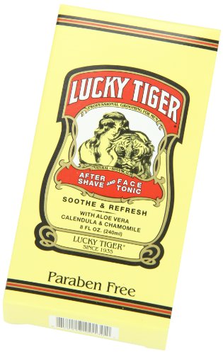 Formule classique de barbier Lucky Tiger, intégrée à la routine quotidienne.