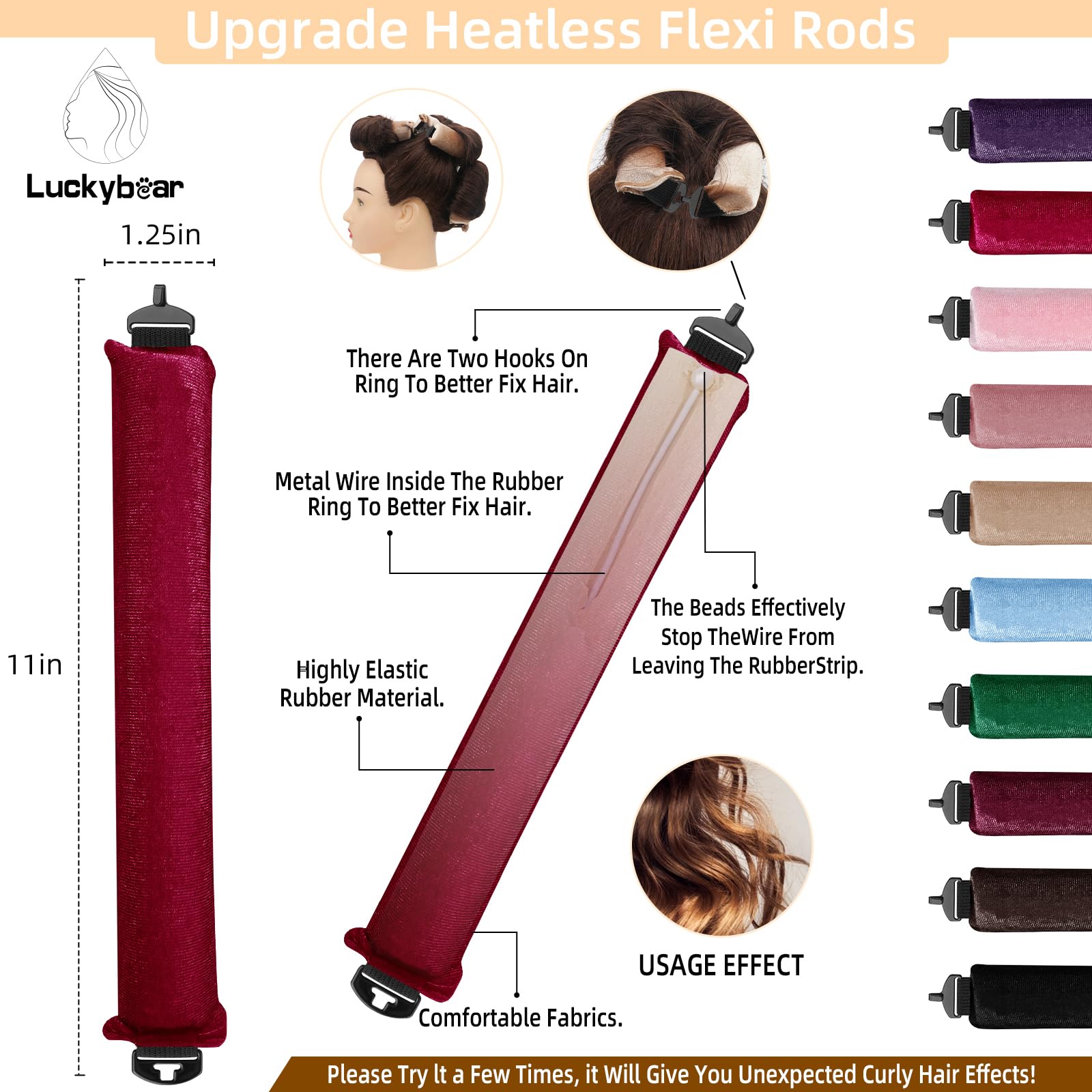 Luckybear accessoires coiffure satin rouge pour mise en forme rapide sans chaleur