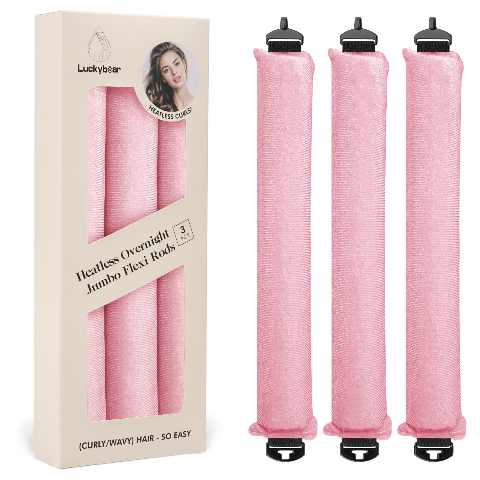 Luckybear rouleaux flexibles en satin rose pour boucles sans chaleur.