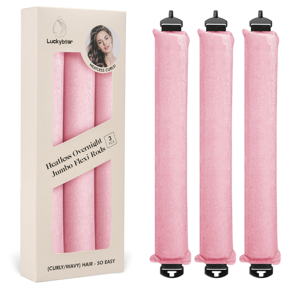 Luckybear rouleaux flexibles en satin rose pour boucles sans chaleur.