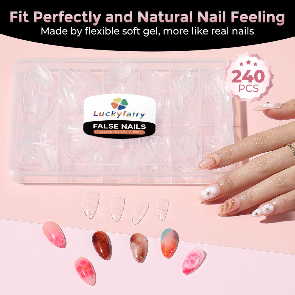 Luckyfairy embouts ongles amandes, 12 tailles incluses pour ajustement précis.