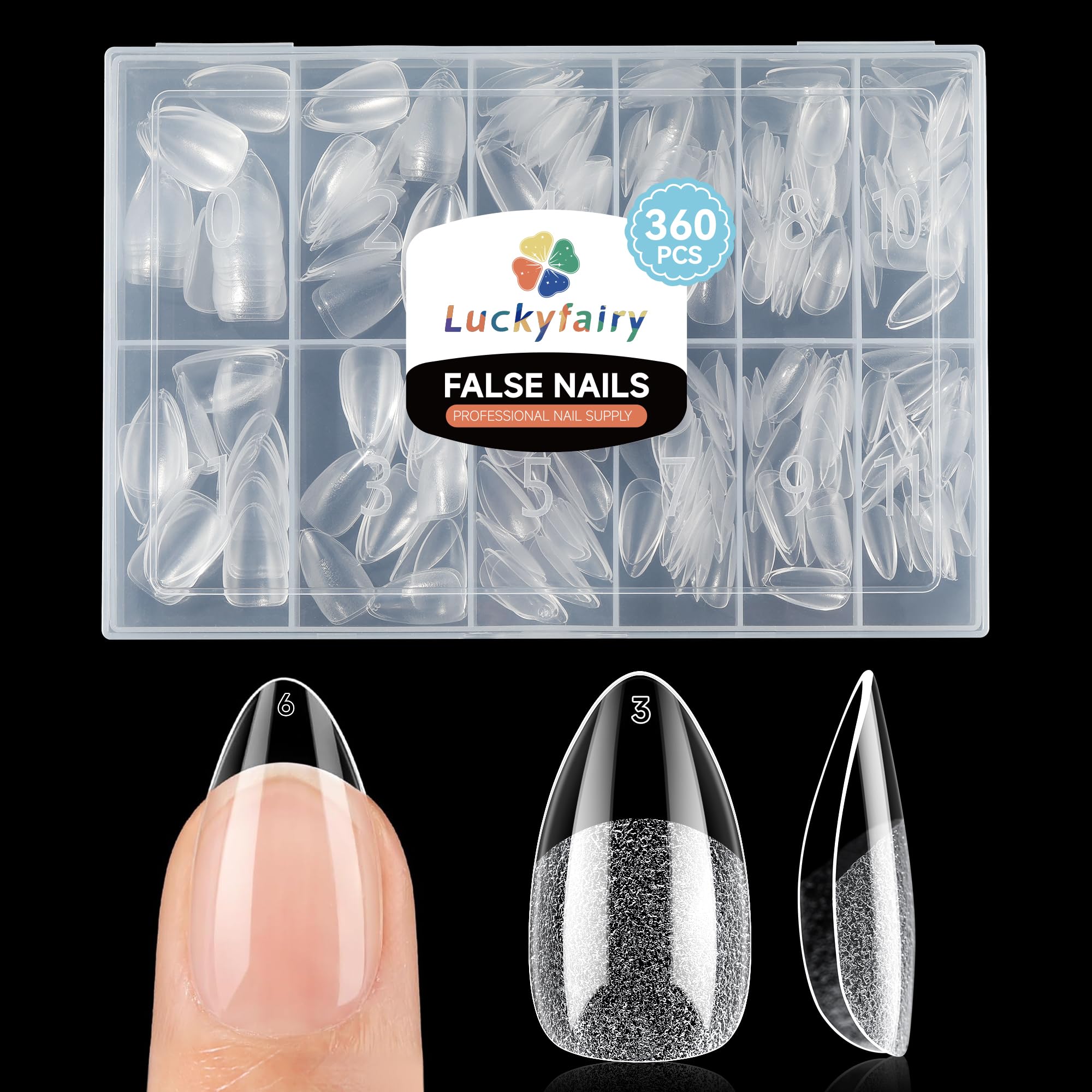 Luckyfairy embouts ongles amande court 360pcs – adhérence naturelle et rapide.