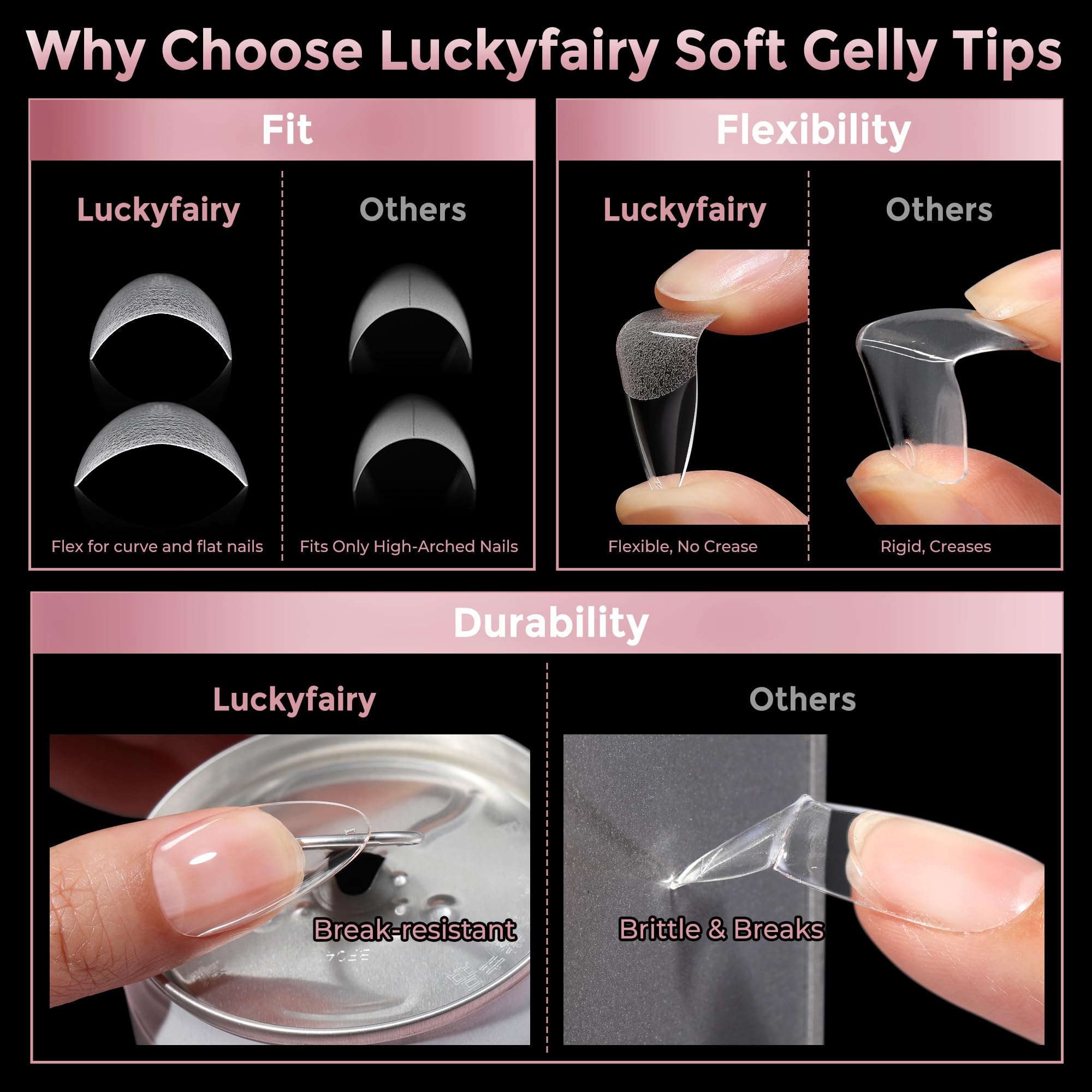 Luckyfairy embouts ongles pour extensions, compatibilité gel, acrylique et dip.