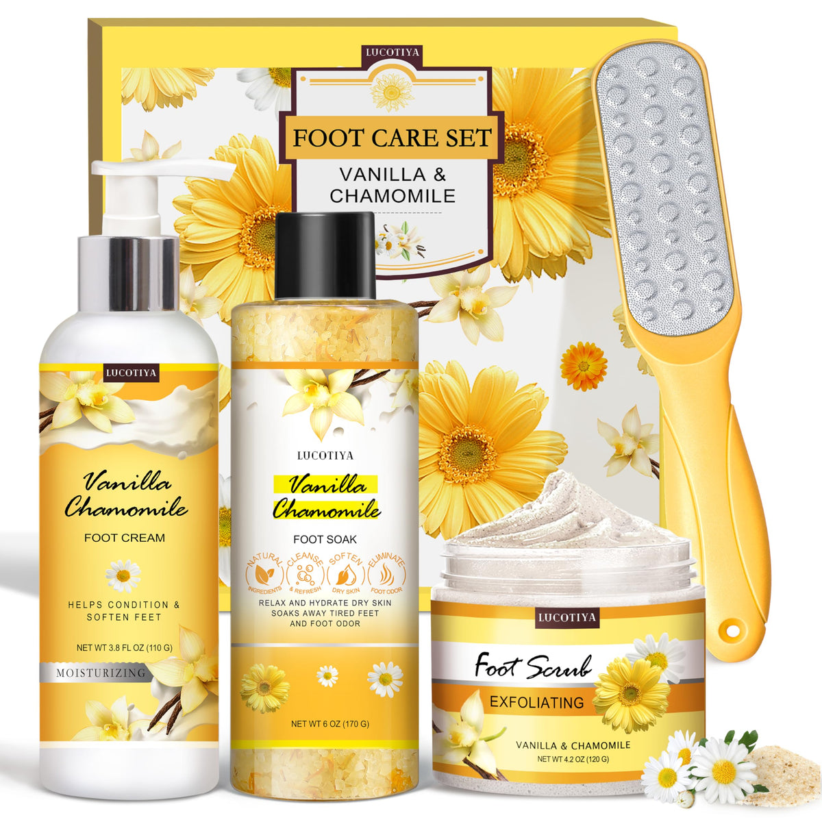 LUCOTIYA, bain-pieds vanille camomille: expérience spa à domicile pour pieds doux.