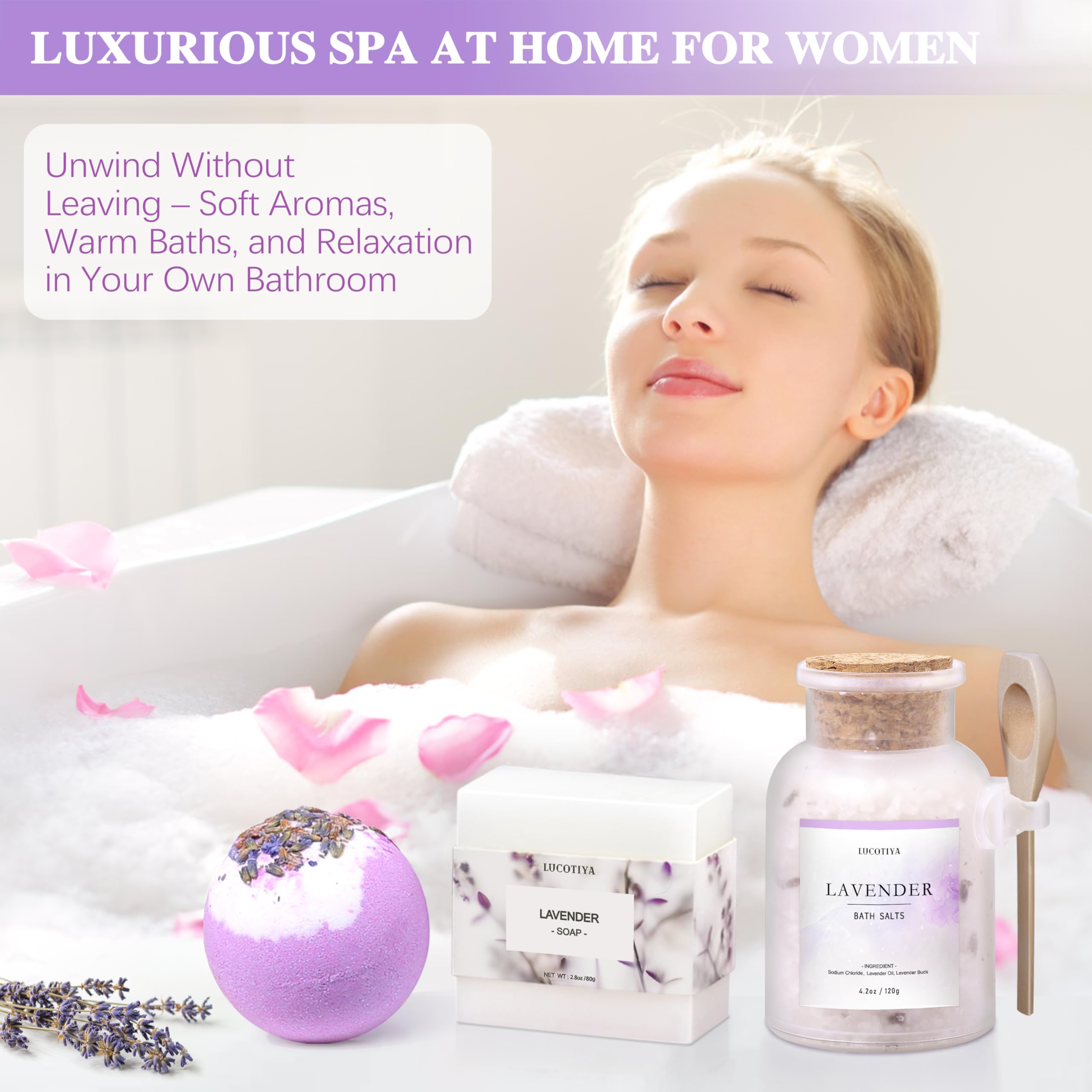 Lucotiya bath bombs and lavender essential oil for relaxing routine
