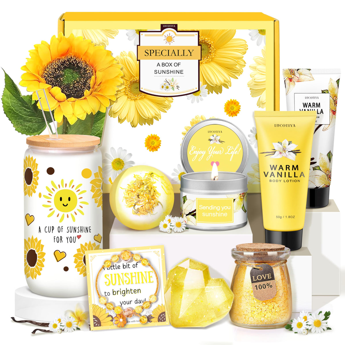 Lucotiya warm vanilla self-care set box opened for gifting, spa items on display.