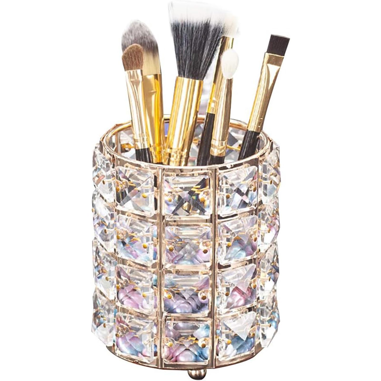 Porte-brosses Lugunu en cristal doré, rangement élégant pour votre vanity.