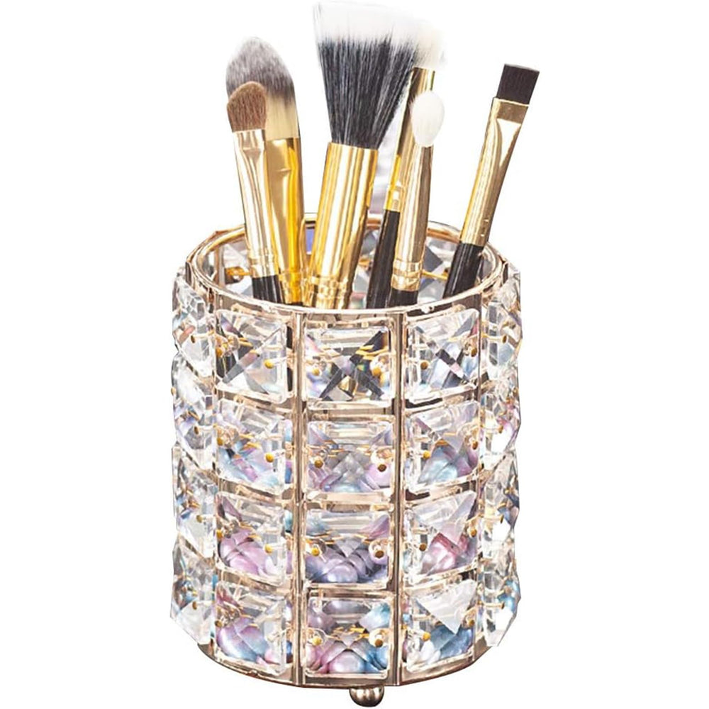 Porte-brosses Lugunu en cristal doré, rangement élégant pour votre vanity.