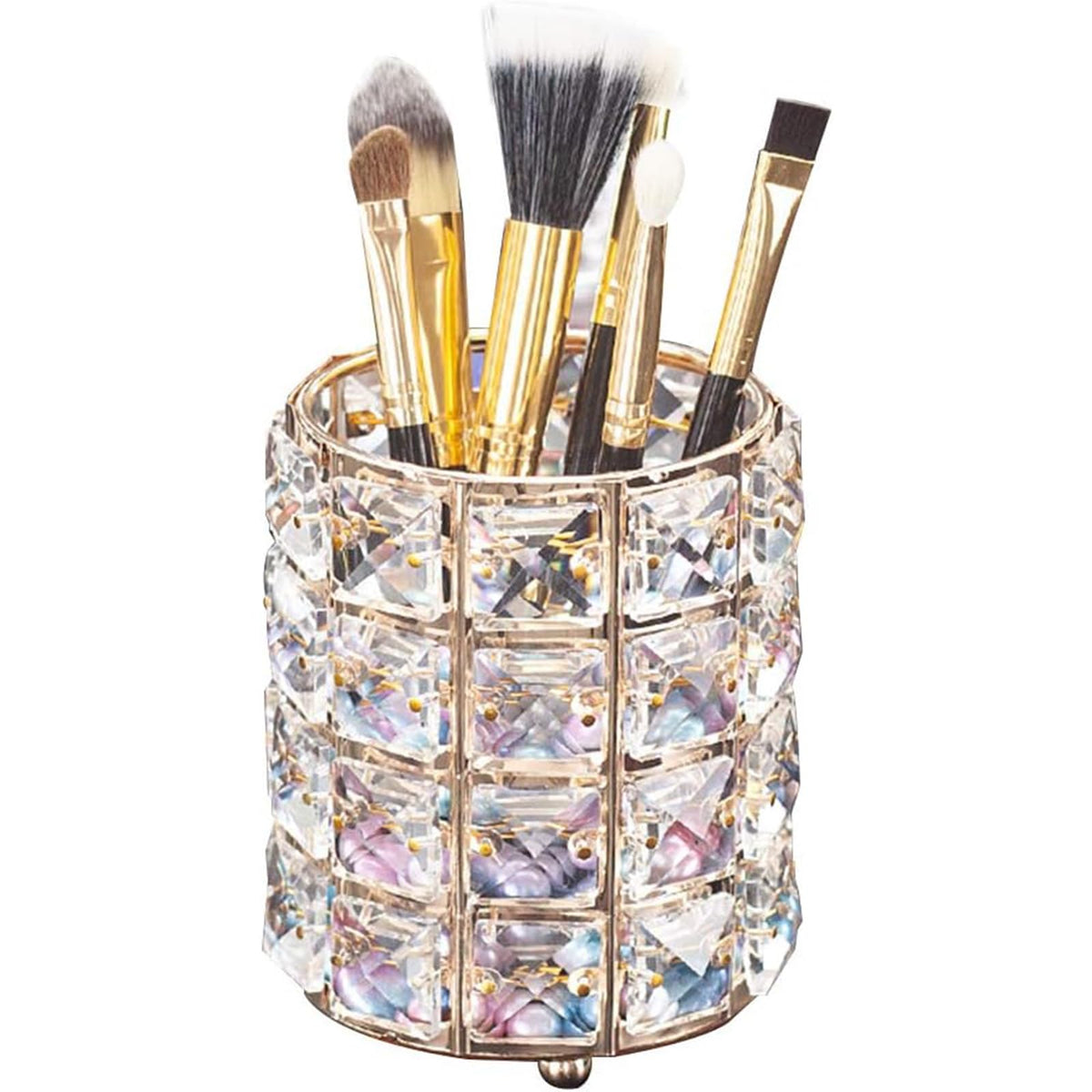 Porte-brosses Lugunu en cristal doré, rangement élégant pour votre vanity.