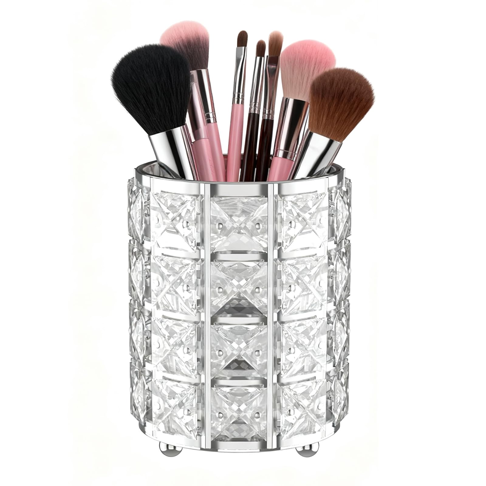 Porte-pinceaux LUGUNU avec cristal argenté sur coiffeuse, rangement élégant et pratique.