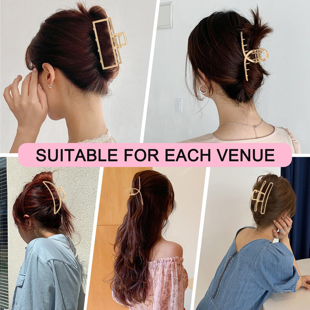 Pinces à cheveux LUKACY larges en métal doré en usage quotidien.