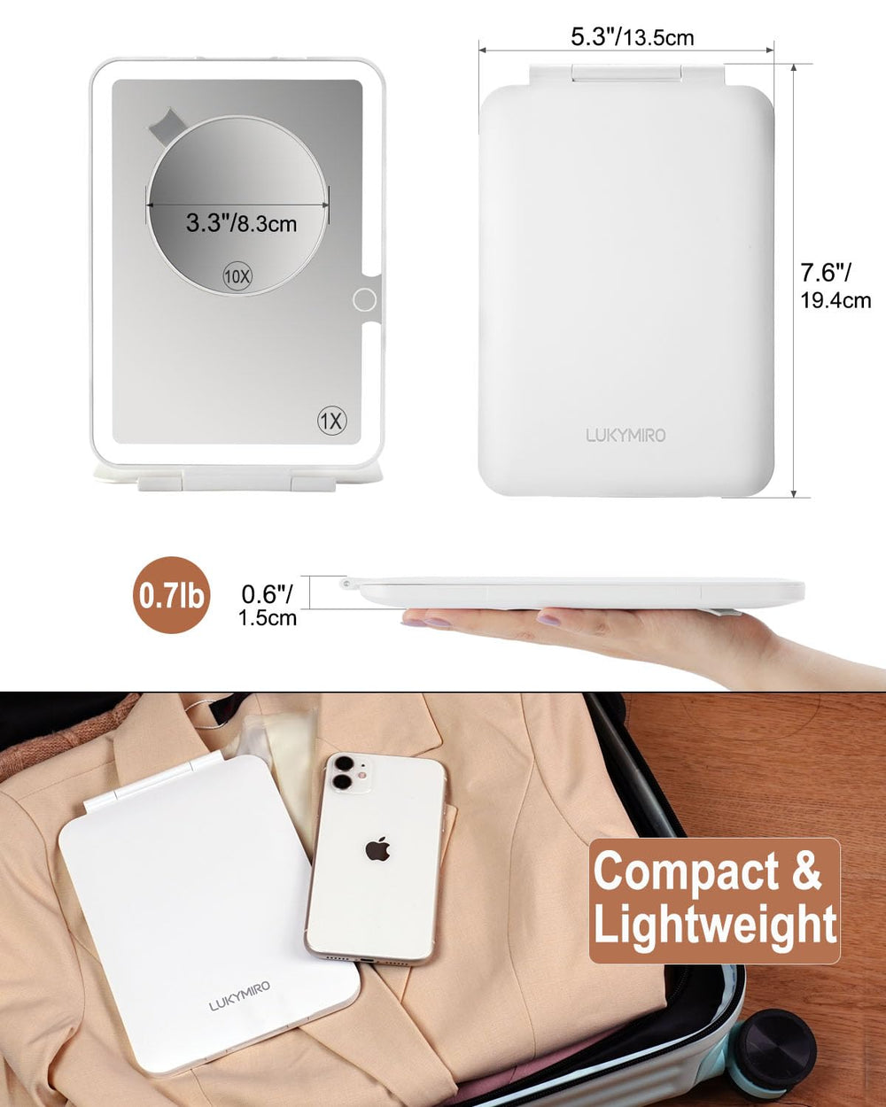 Miroir Lukymiroir pliable avec étui, idéal pour voyager.