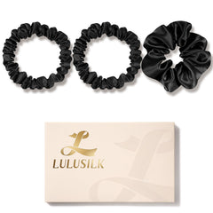 Chouchou LULUSILK en soie de mûrier noire pour dormir en douceur et protéger les cheveux.