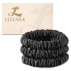 Élastiques LULUSILK en soie noire, scrunchies fins protégeant les cheveux délicats.