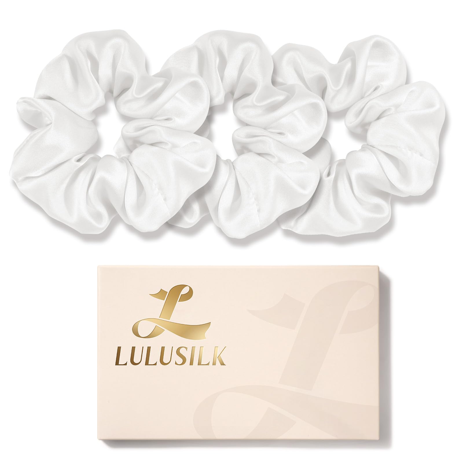 Scrunchies LULUSILK en soie Mulberry blanc, lot de 3, douceur pour cheveux